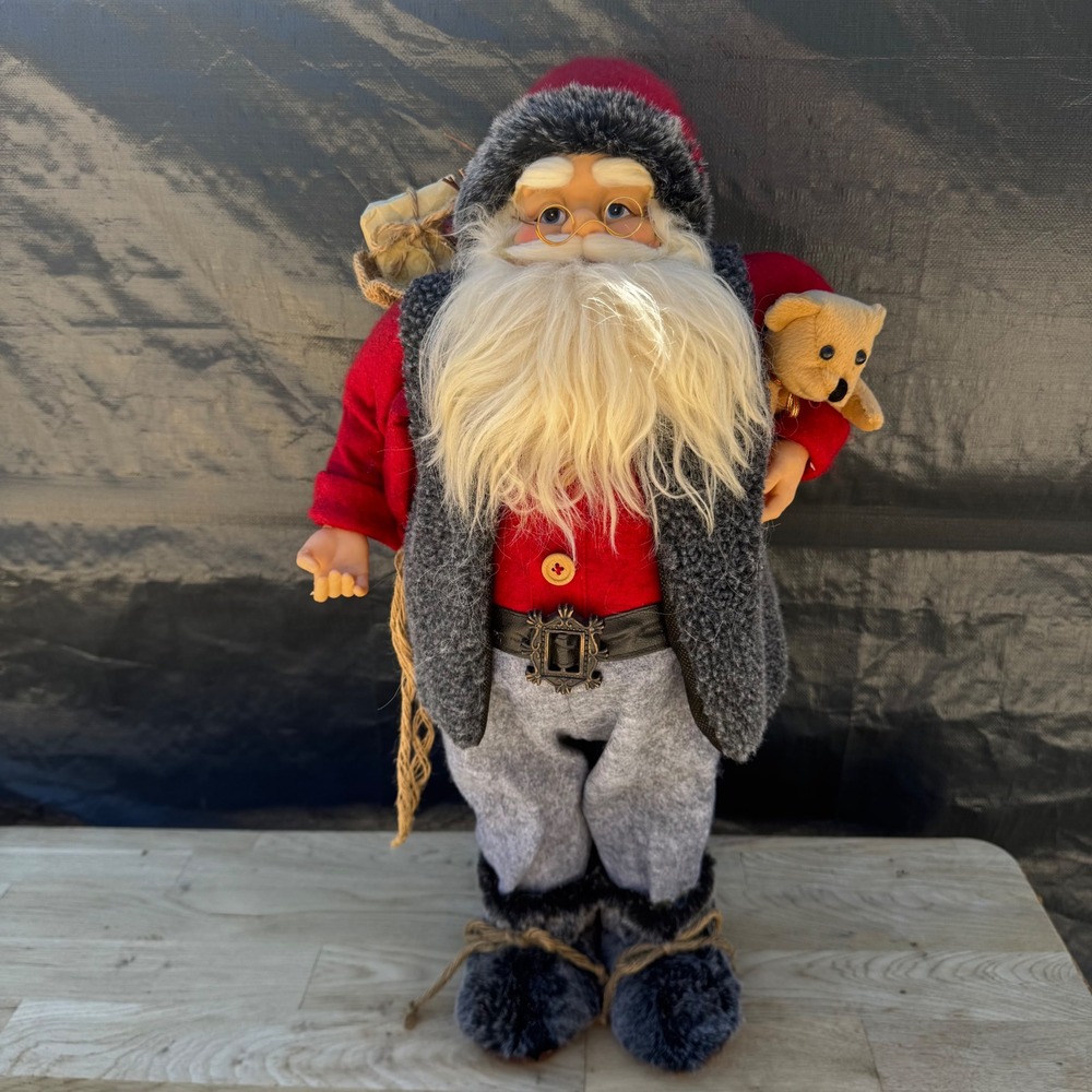 24" Rustic Woodland Santa Claus Figurine w/ Teddy Bear Tabletop Christmas Decor